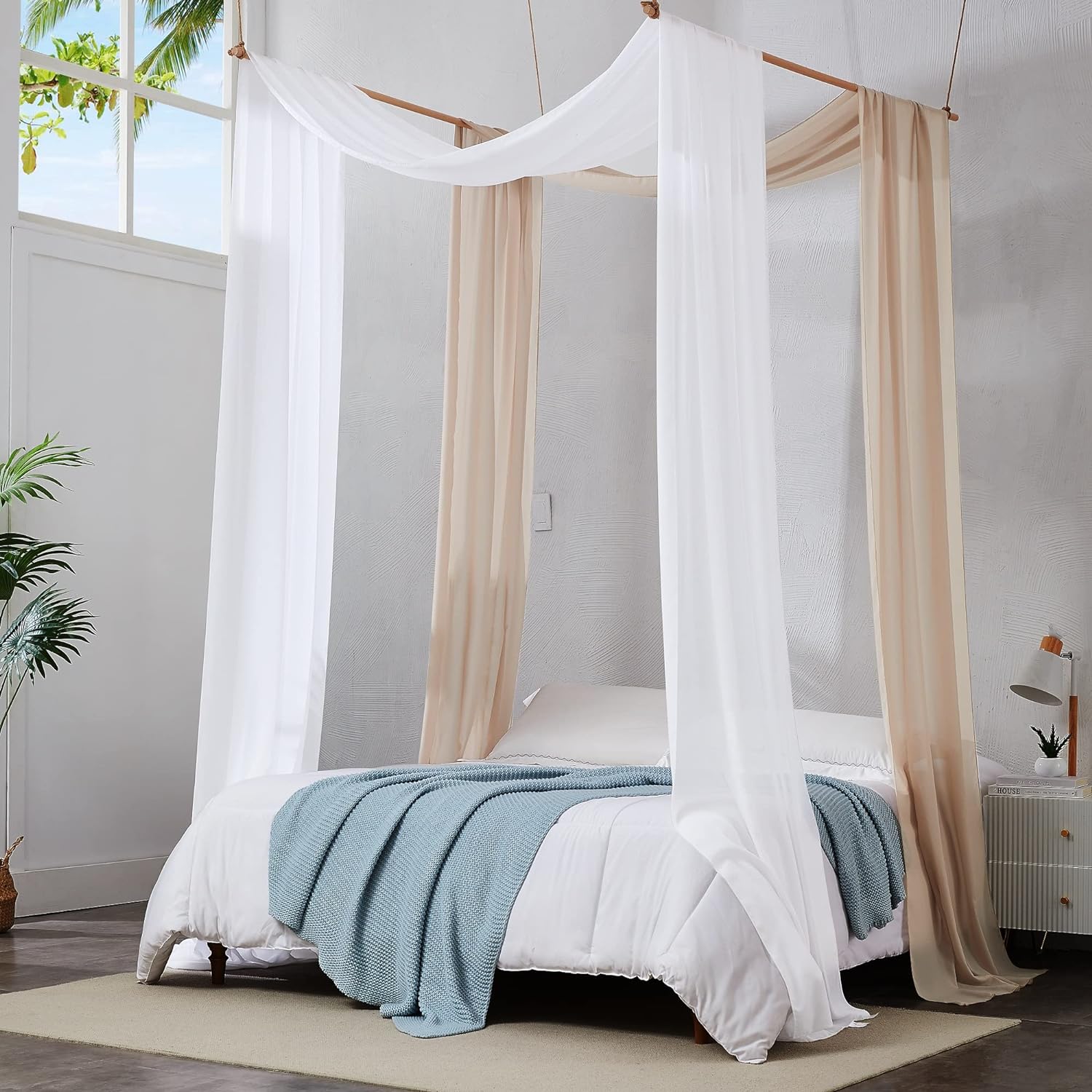2 Chiffon - WHITE/NUDE - Canopy Bed Curtains. Bed Canopy Curtains for King or California King Size Bed. Great as Canopy for Girls Room