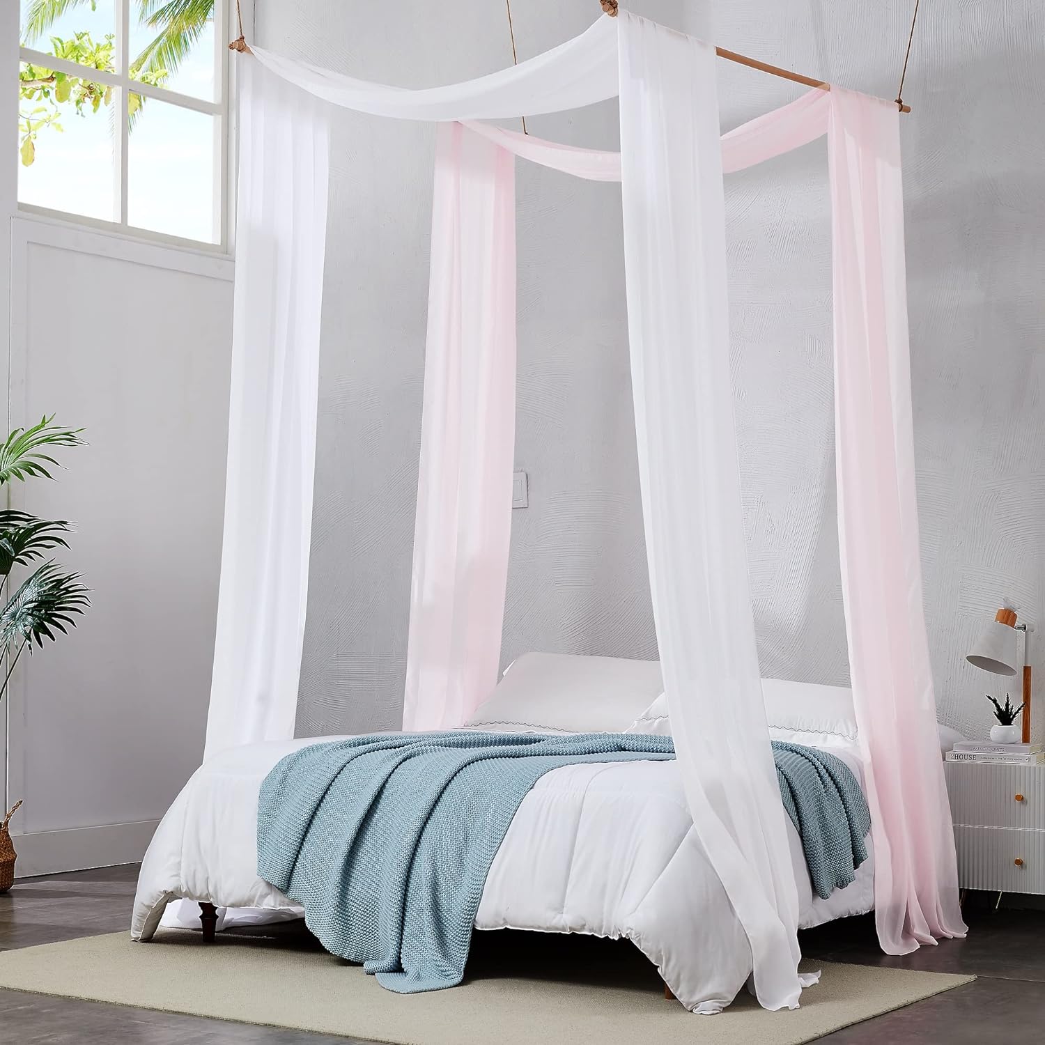 2 Chiffon - WHITE/PINK - Canopy Bed Curtains. Bed Canopy Curtains for King or California King Size Bed. Great as Canopy for Girls Room