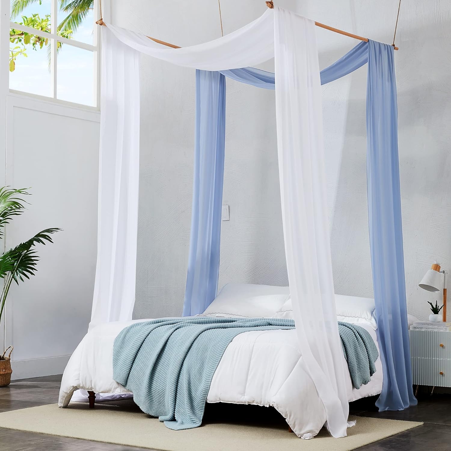 2 Chiffon - WHITE/DUSTY BLUE - Canopy Bed Curtains. Bed Canopy Curtains for King or California King Size Bed. Great as Canopy for Girls Room