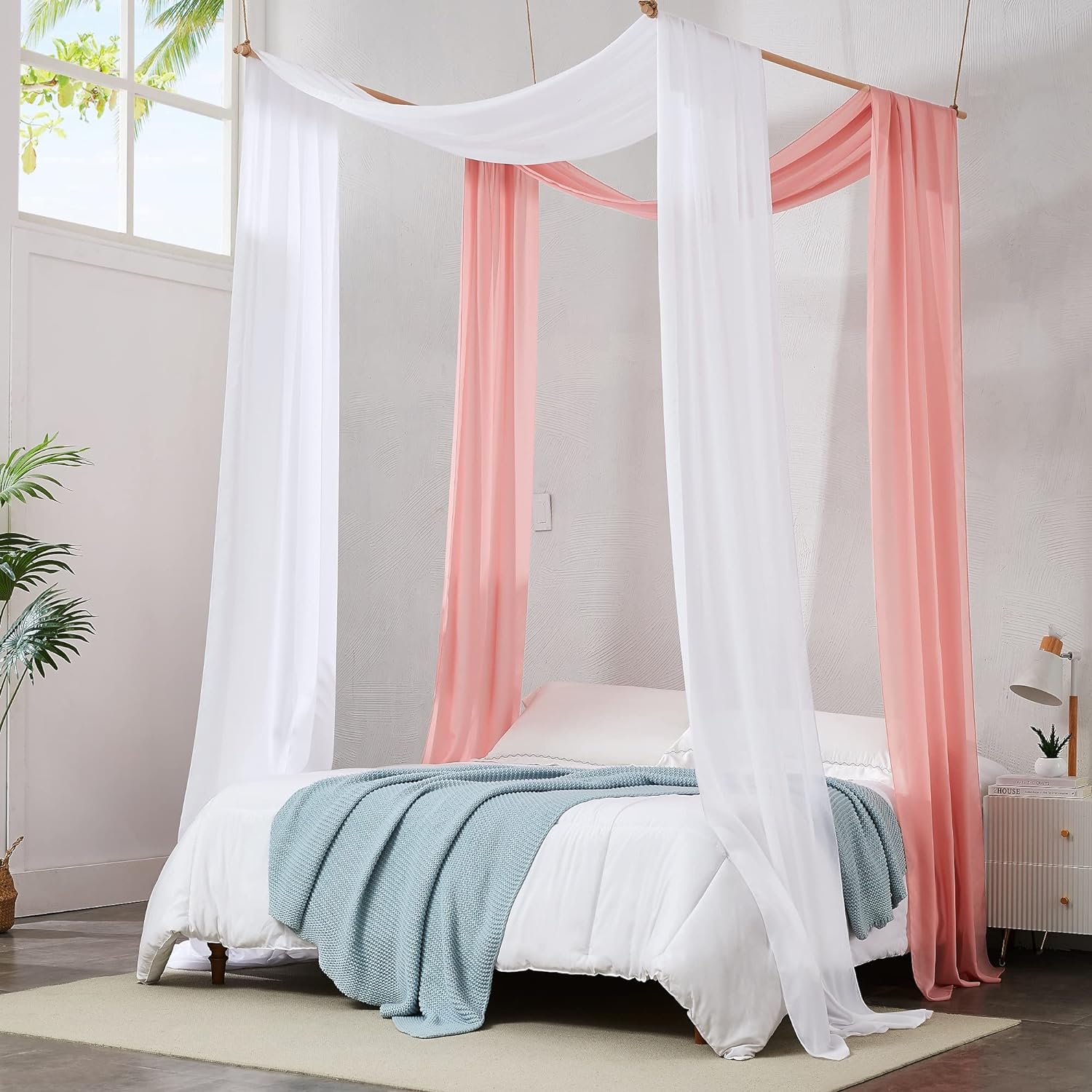 2 Chiffon - WHITE/DUSTY PINK - Canopy Bed Curtains. Bed Canopy Curtains for King or California King Size Bed. Great as Canopy for Girls Room