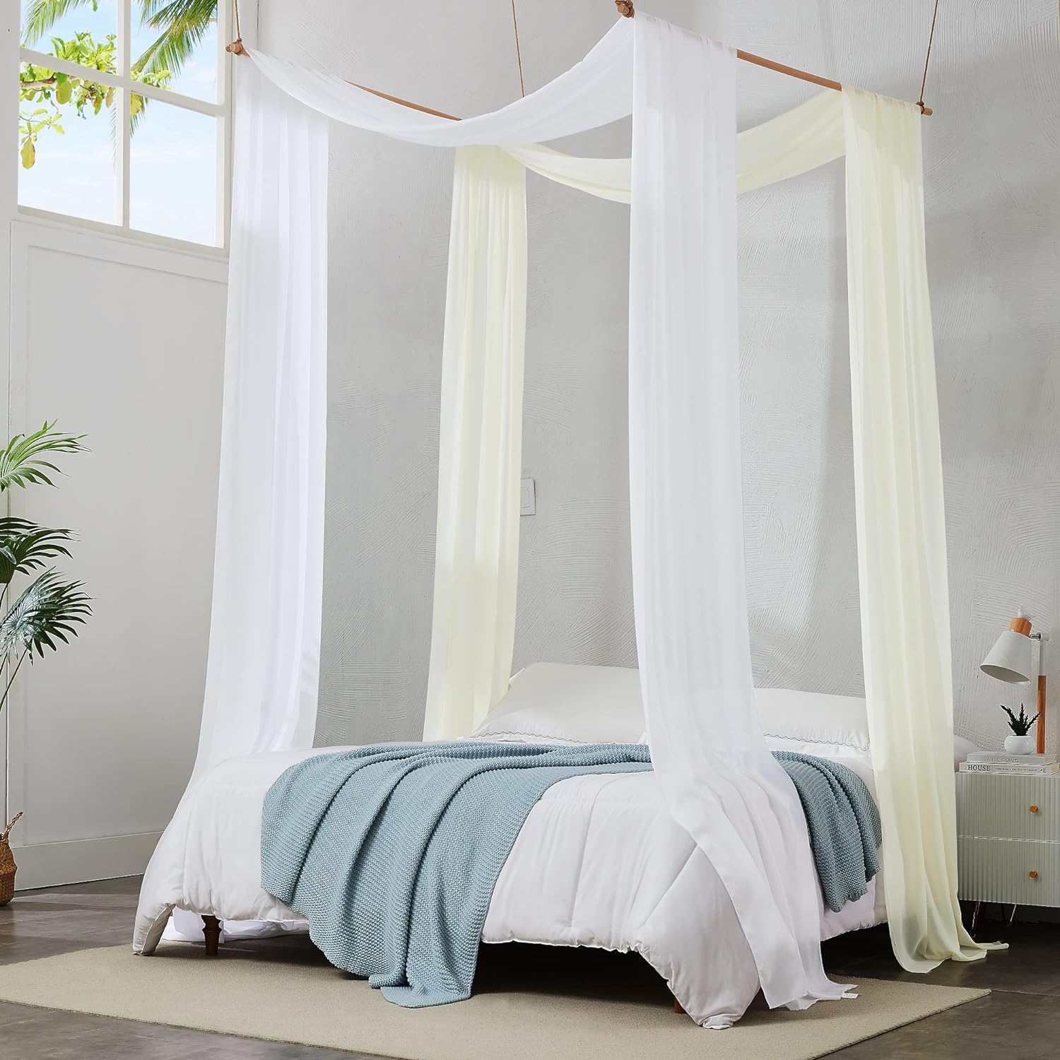 2 Chiffon - WHITE/IVORY - Canopy Bed Curtains. Bed Canopy Curtains for King or California King Size Bed. Great as Canopy for Girls Room
