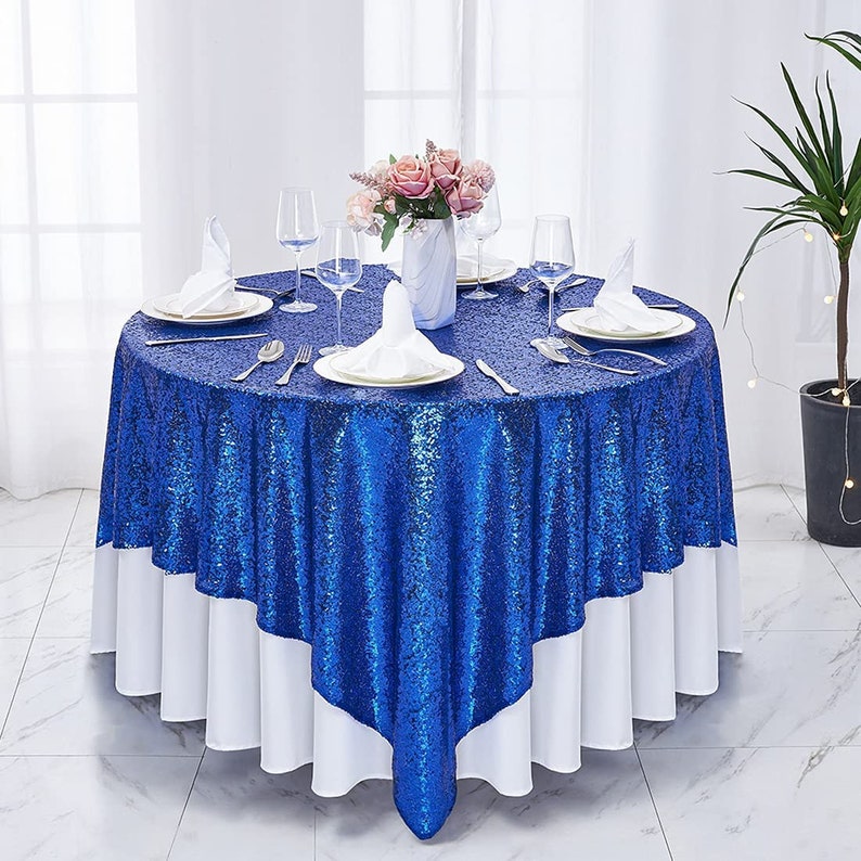 Square Sequin Tablecloth - ROYAL - Glitter Tablecloth for Bridal Shower Decorations, Birthday, Wedding, Dessert, Banquet