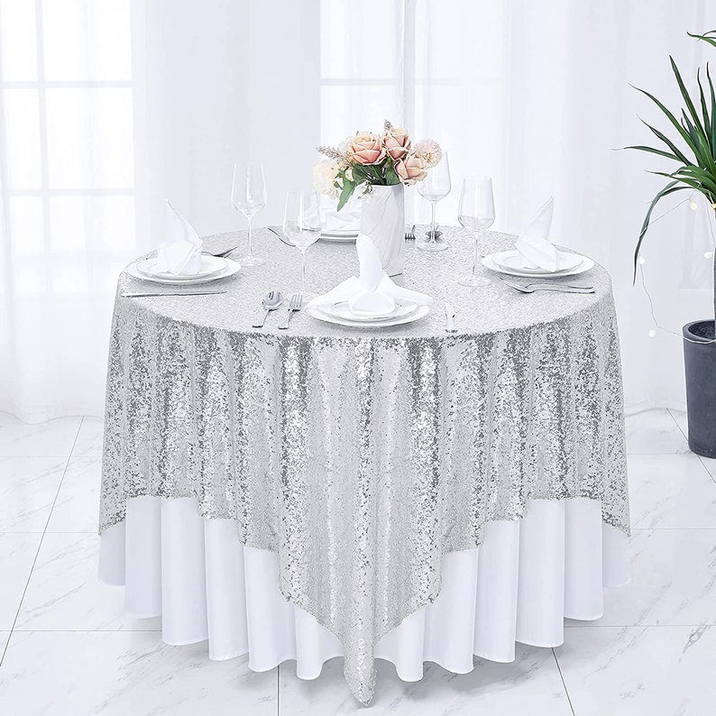 Square Sequin Tablecloth - SILVER - Glitter Tablecloth for Bridal Shower Decorations, Birthday, Wedding, Dessert, Banquet