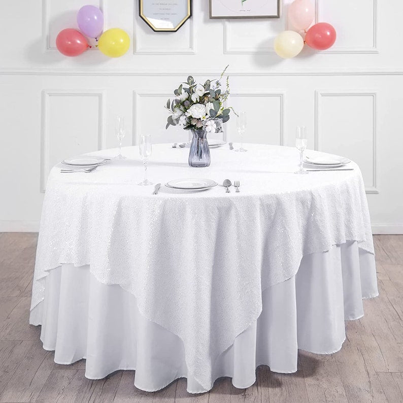 Square Sequin Tablecloth - WHITE - Glitter Tablecloth for Bridal Shower Decorations, Birthday, Wedding, Dessert, Banquet
