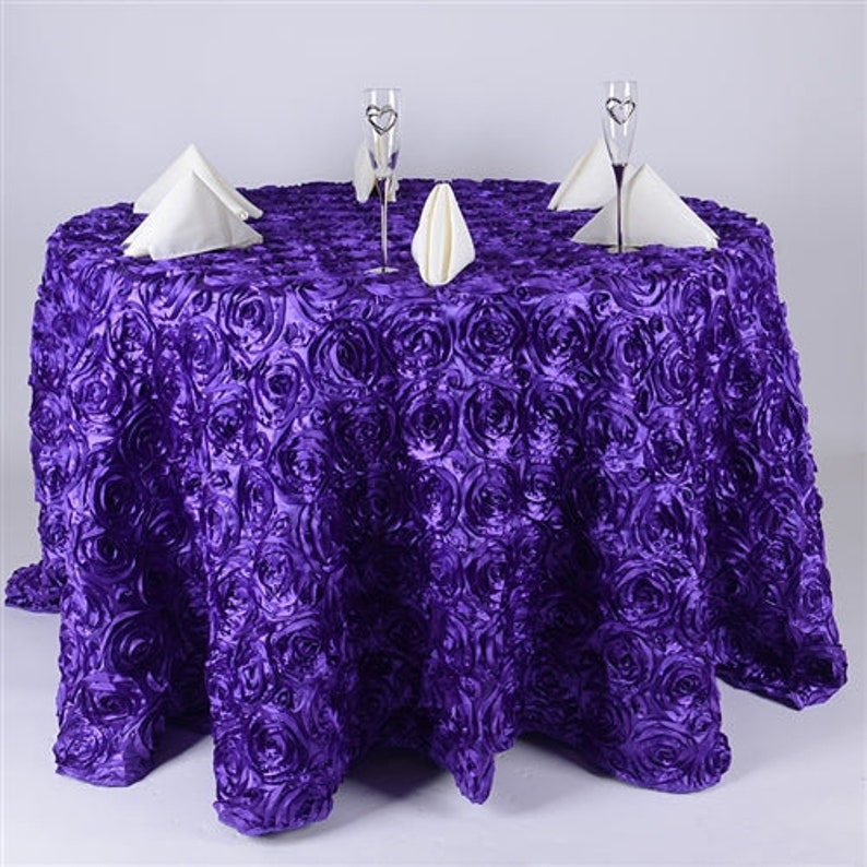 Round Tablecloth - Satin Raised Rosettes Round Tablecloth Wedding Party Dining Room Table Linens - PURPLE - Christmas, Wedding, Bridal