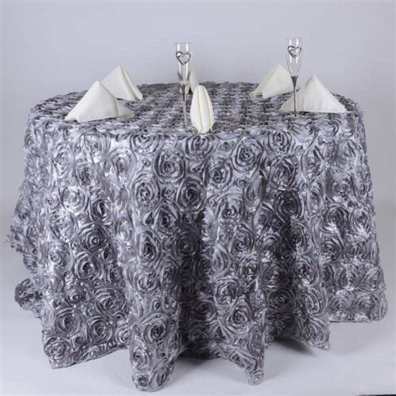 Round Tablecloth - Satin Raised Rosettes Round Tablecloth Wedding Party Dining Room Table Linens - SILVER - Christmas, Wedding, Bridal