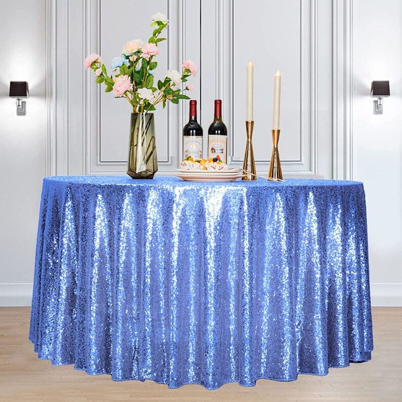 BLUE - Sequin Tablecloth Round Glitter Round Table Cover Metallic Sequence Table Cloth for Birthday Party Baby Shower Wedding