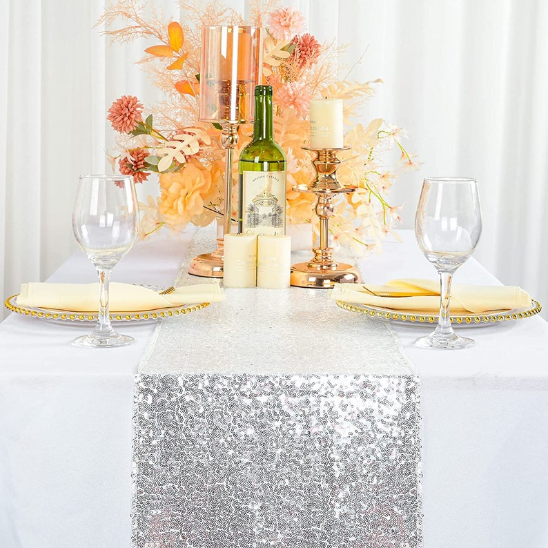 4 Pack -- SILVER - Sequin Table Runner Baby Shower Table Runner for Parties Wedding Table Runner Bridal Shower Birthday Event Table Decor