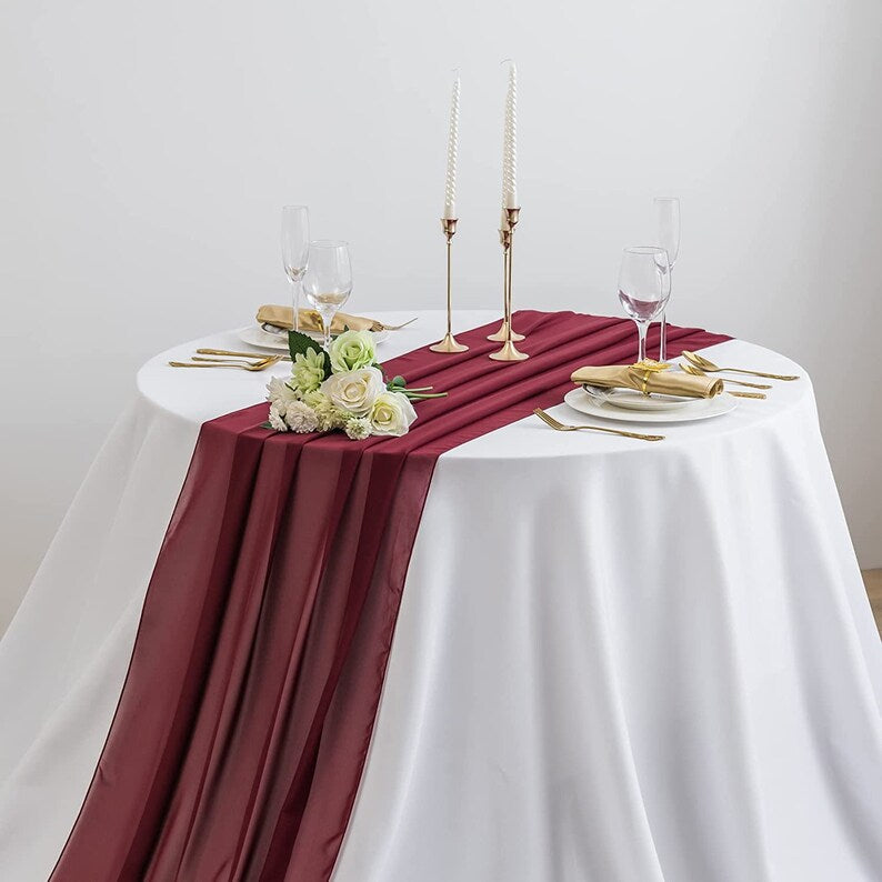 BURGUNDY - Chiffon Table Runner, 2 Pcs -Wedding Table Runner, Sheer Decor for Romantic Bridal Shower, Baby Shower, Birthday Party Cake Table