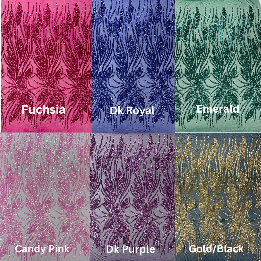 FEATHER - Shiny Sequin Design 4 Way Stretch Mesh Fabric-Prom-Sold By The Yard. Choose Color Below
