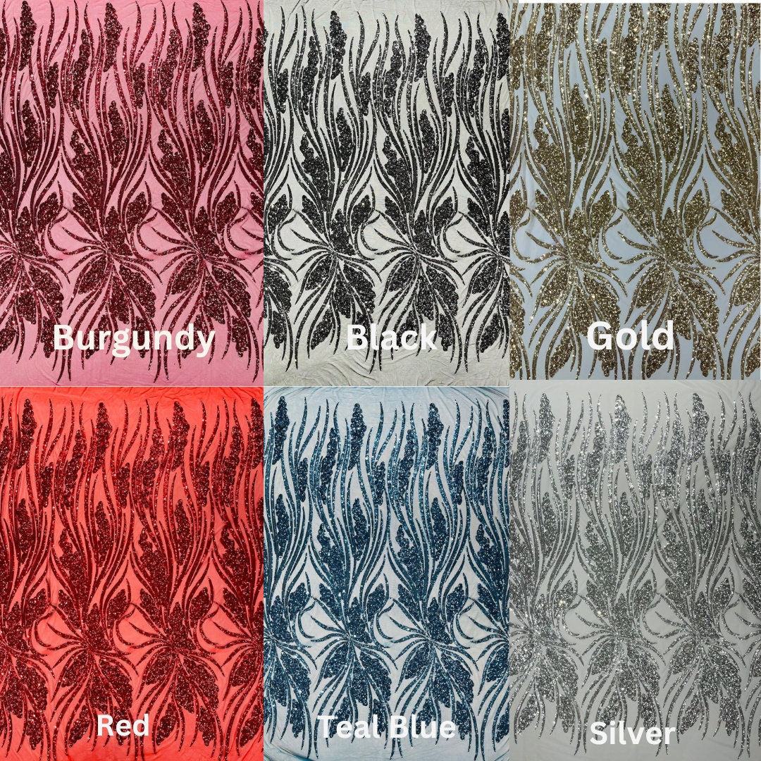 FEATHER - Shiny Sequin Design 4 Way Stretch Mesh Fabric-Prom-Sold By The Yard. Choose Color Below