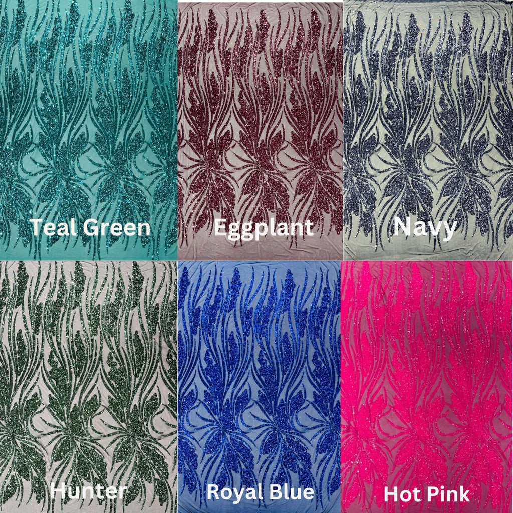 FEATHER - Shiny Sequin Design 4 Way Stretch Mesh Fabric-Prom-Sold By The Yard. Choose Color Below