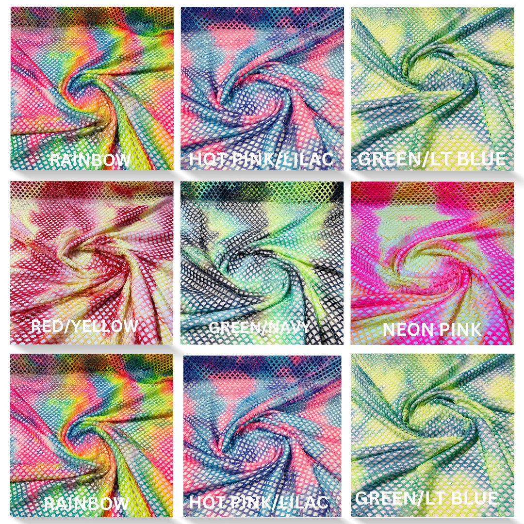 FISHNET - Big Fishnet Diamond Mesh Tie Dye with Silver Glitter 4 Way Stretch By The Yard. Choose Color Below