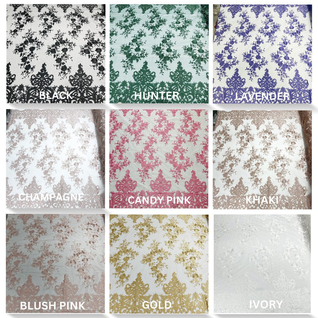 FASHION -Flower Damask Flat Lace Embroidery On A Mesh (1 Yard. Sold By The Yard. Choose Color Below