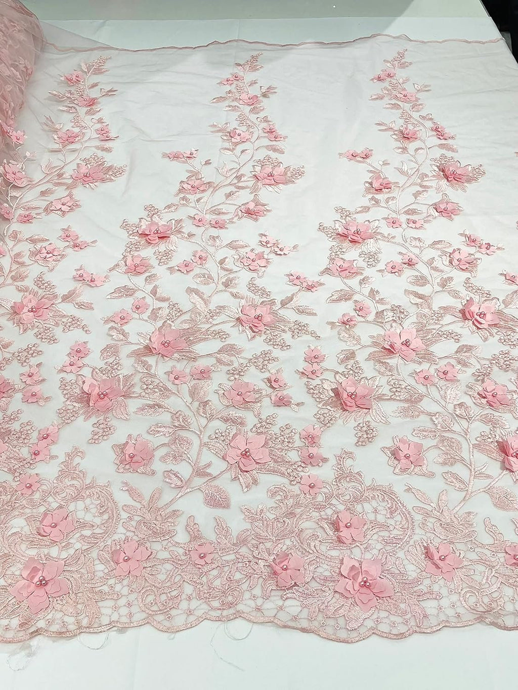 3D FLORAL - Design Embroider With Pearls Mesh Lace Fabric. Sold By The Yard.