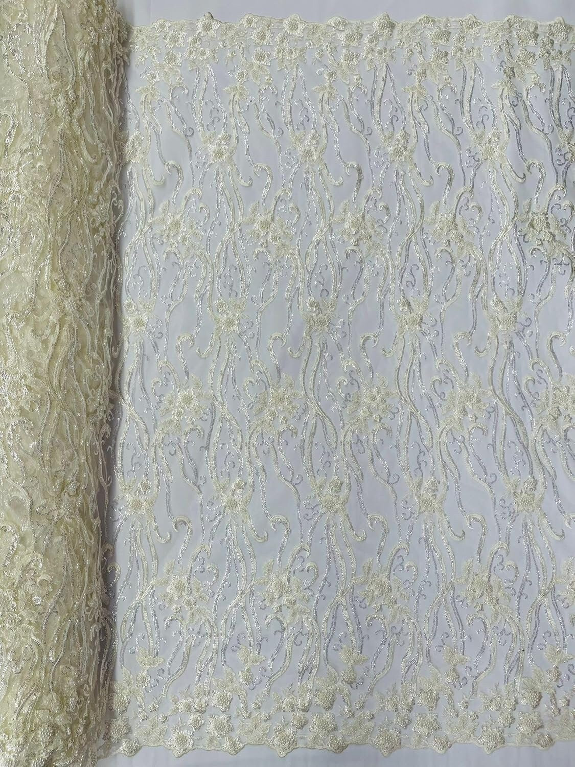 Floral Beaded Lace/Sequin Embroider Lace Fabric - Sold by The Yard. Choose Color Below