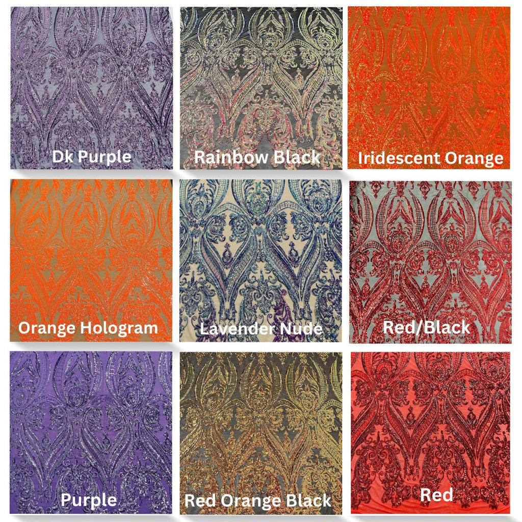 DAMASK - Shiny Sequin Design 4 Way Stretch Mesh Fabric. Sold By The Yard. Choose Color Below