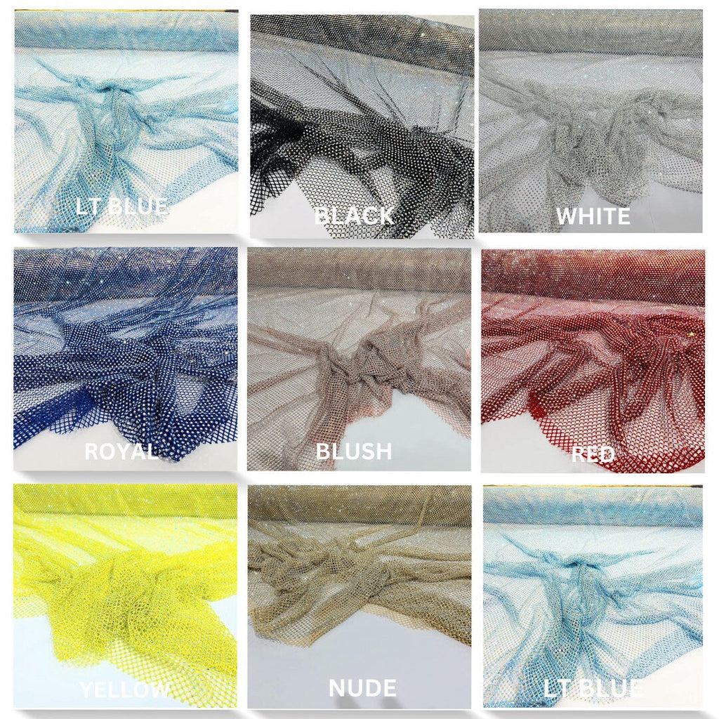 LUXURY - 45" Wide Iridescent Rhinestone On Soft Stretch Fish Net Fabric  - Sold by The Yard. Choose Color Below