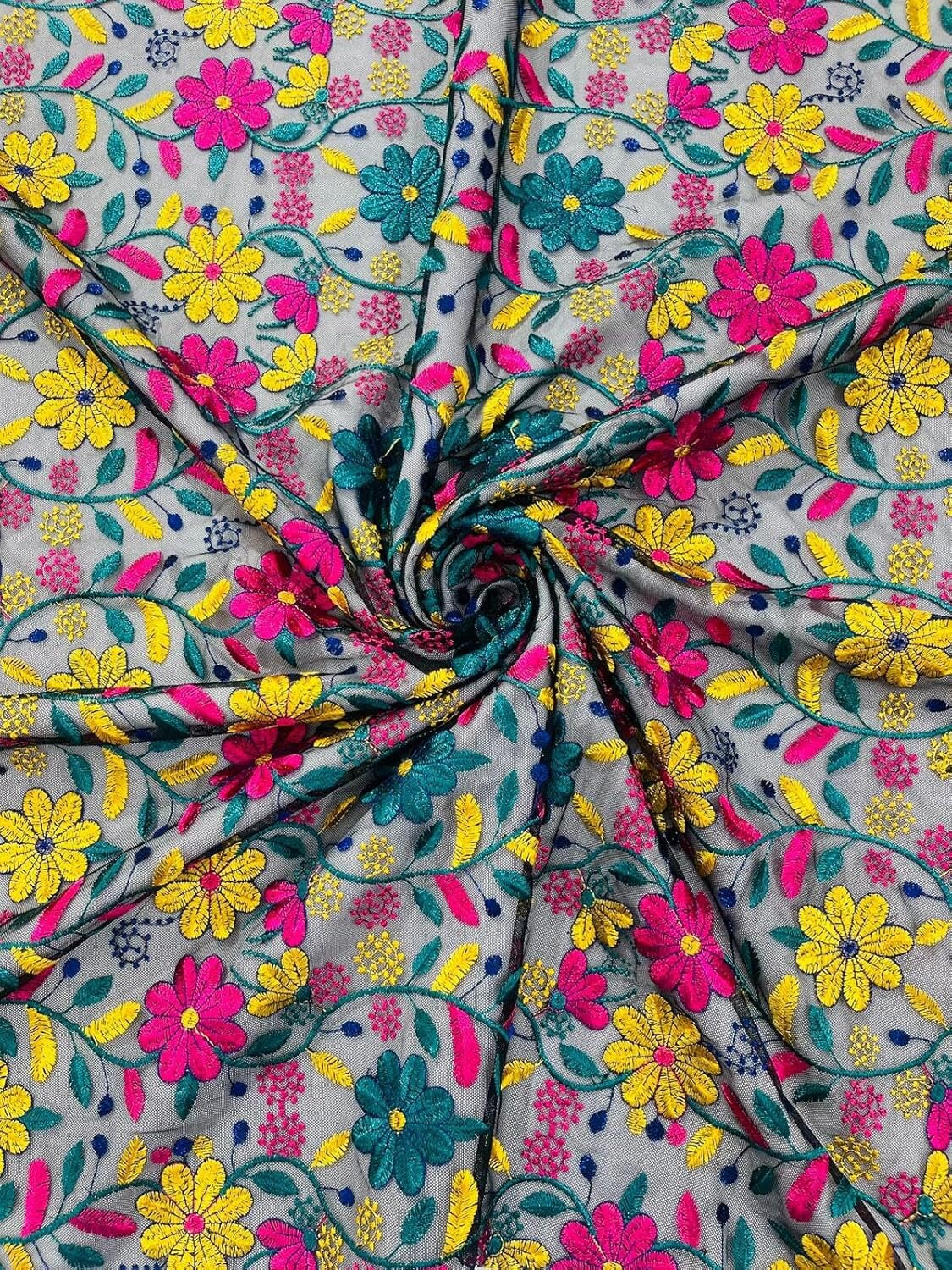 MULTI COLOR FLORAL - Design Embroider Mesh Lace Fabric. Sold By The Yard. 4 Colors Available