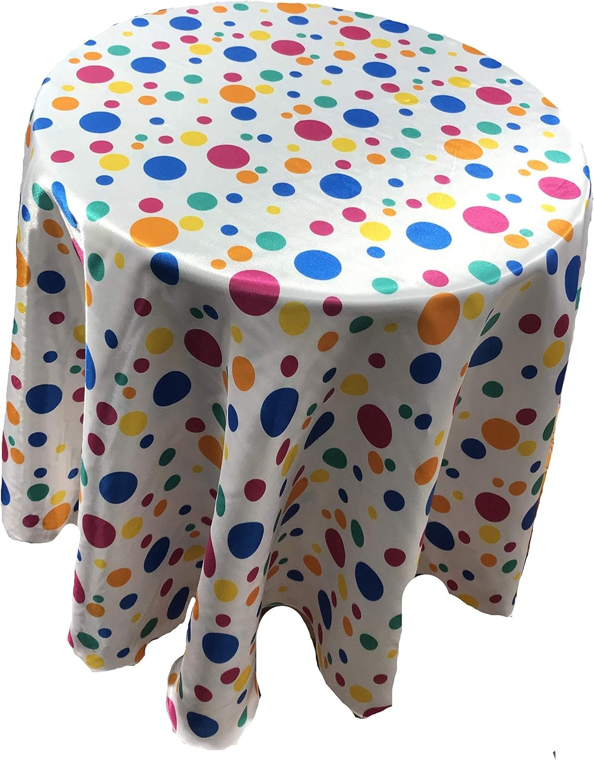 SOCAL PARTY DECOR -Round Birthday Tablecloth Multi Color Polka Dot Satin Table Cover Fabric Table Cloth for Dinning, Kitchen, Party, Holiday