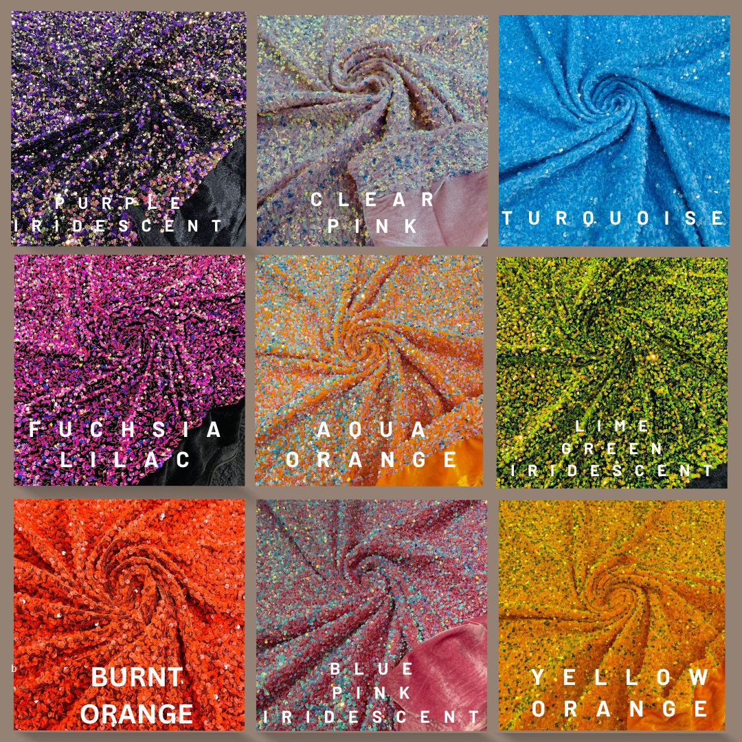 Iridescent Design Stretch Velvet All Over 5mm Shining Sequins 2 Way Stretch, Sold By The yard. Choose Color Below
