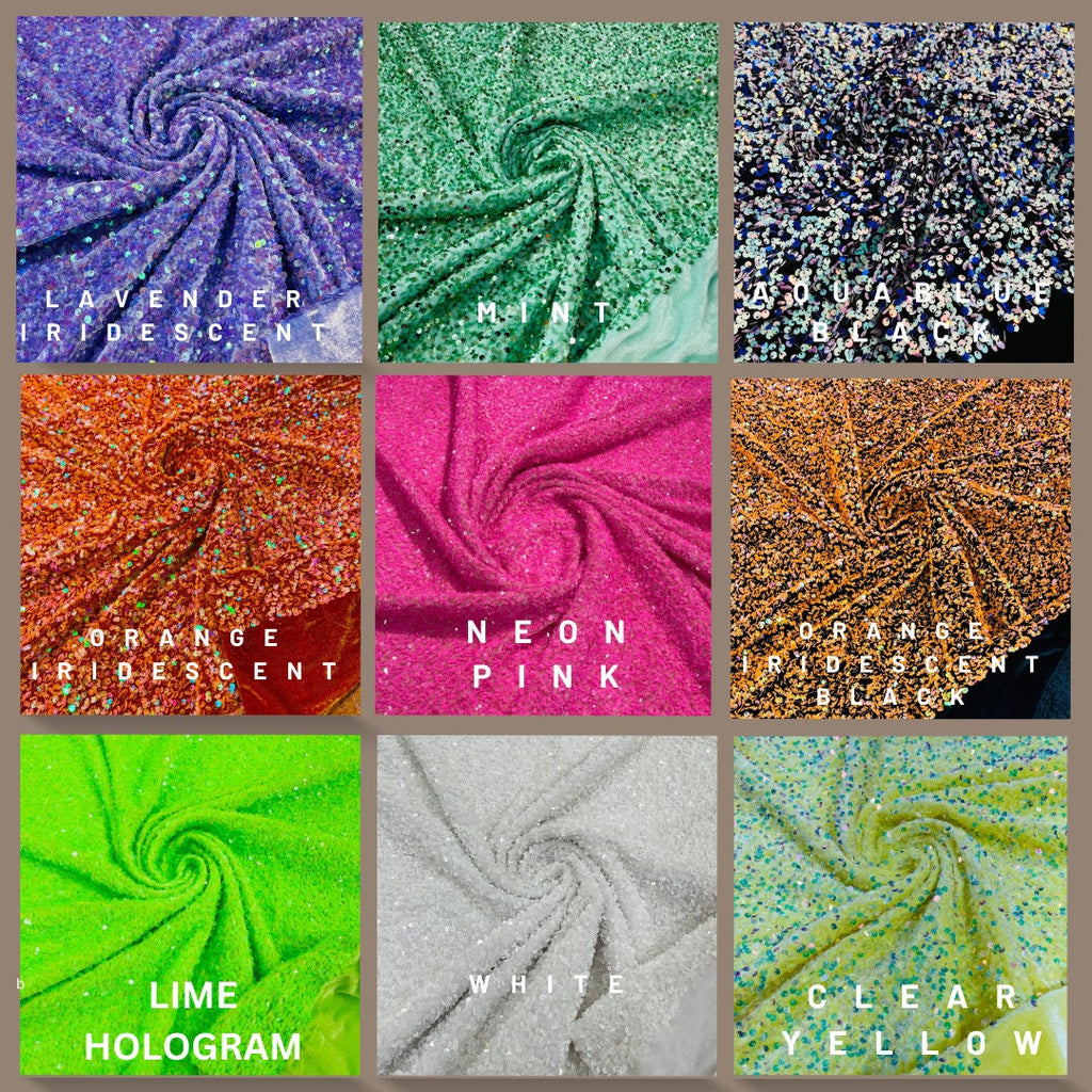 Iridescent Design Stretch Velvet All Over 5mm Shining Sequins 2 Way Stretch, Sold By The yard. Choose Color Below