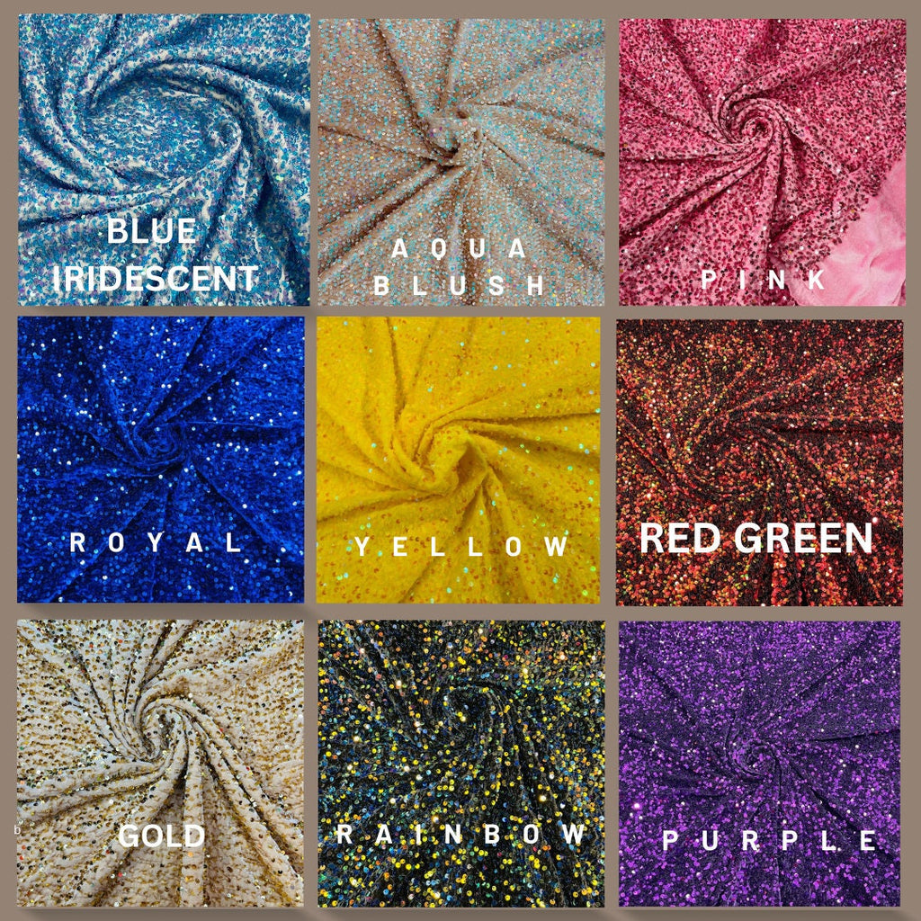 Iridescent Design Stretch Velvet All Over 5mm Shining Sequins 2 Way Stretch, Sold By The yard. Choose Color Below