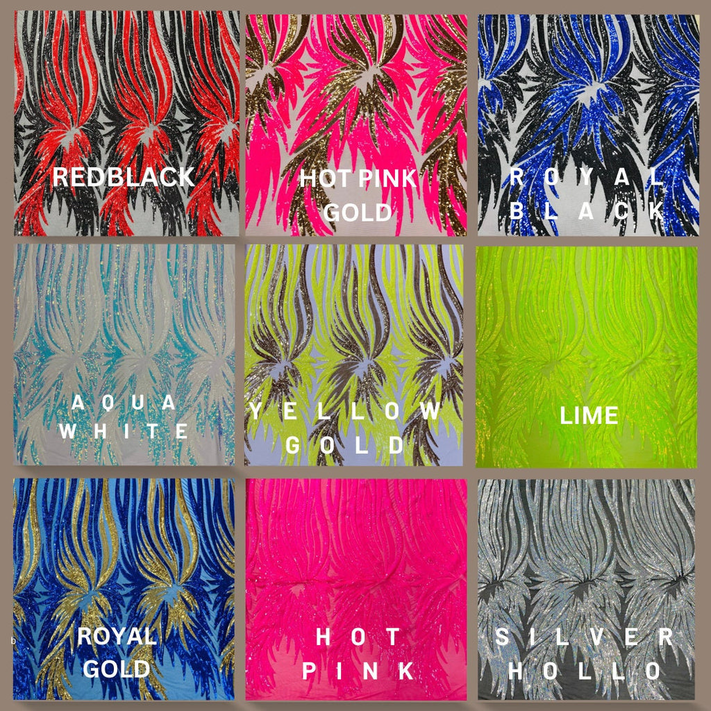 PEACOCK FEATHER FASHION - Shiny Sequin Design 4 Way Stretch Mesh Fabric. Sold By The Yard. Choose Color Below