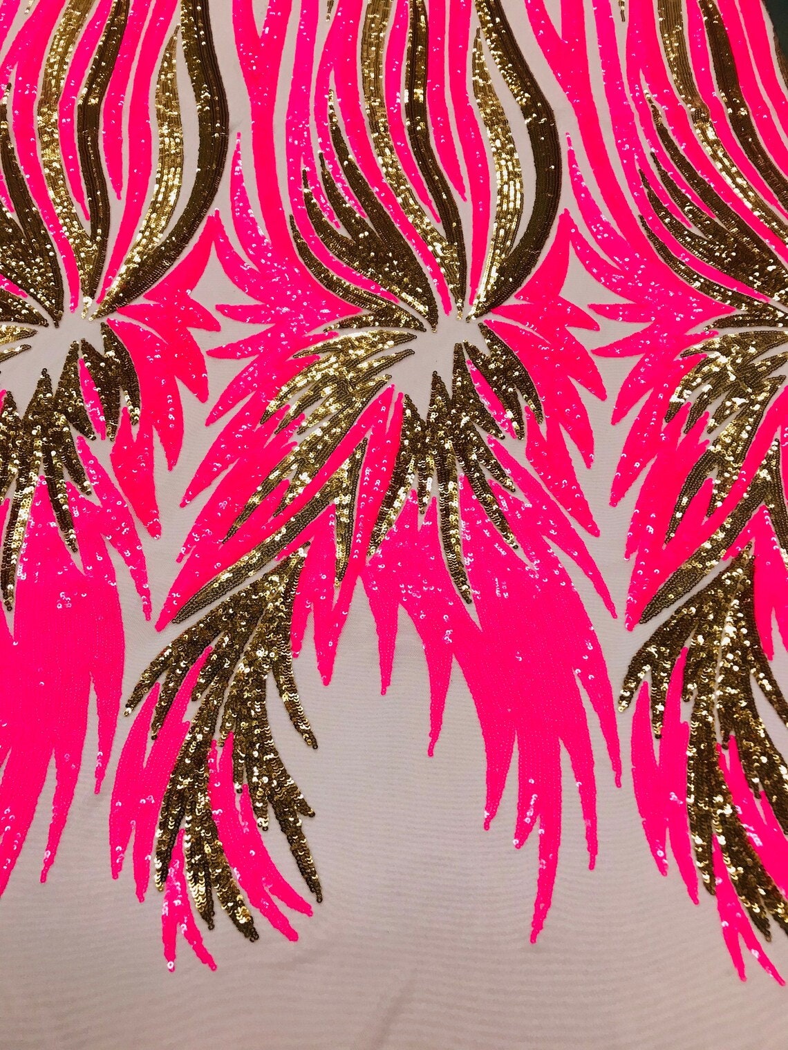 PEACOCK FEATHER FASHION - Shiny Sequin Design 4 Way Stretch Mesh Fabric. Sold By The Yard. Choose Color Below