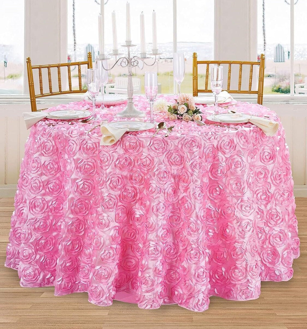 PINK - Round Tablecloth Table Cloth Satin Rosette Tablecloth - 3D Floral Table Cloth for Wedding Baby Shower Birthday Tea Party Dessert
