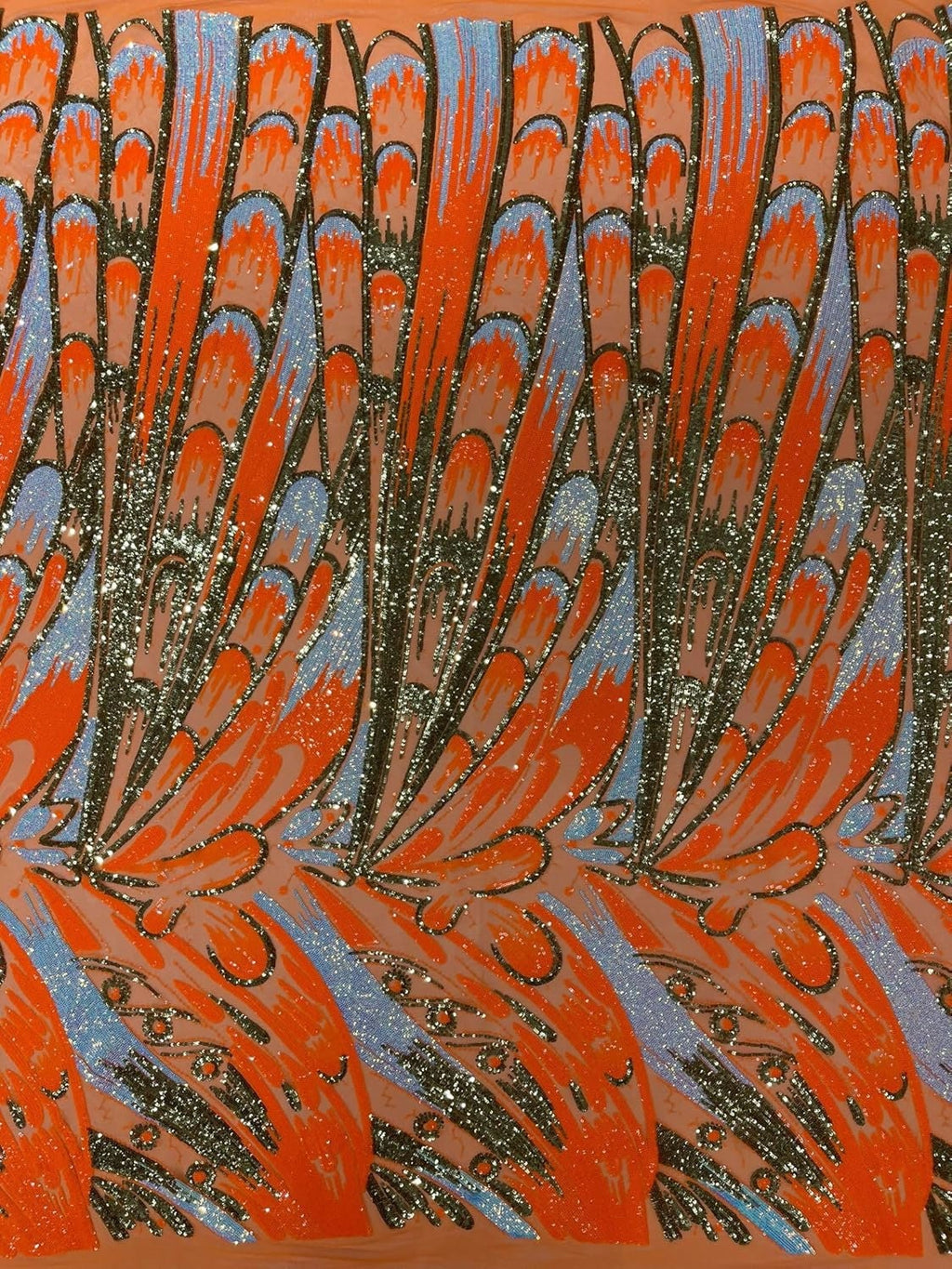 IRIDESCENT FEATHER - Shiny Sequin Design 4 Way Stretch Mesh Fabric-Prom-Sold By The Yard. Choose Color Below