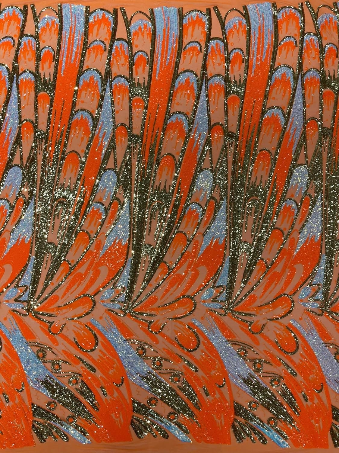IRIDESCENT FEATHER - Shiny Sequin Design 4 Way Stretch Mesh Fabric-Prom-Sold By The Yard. Choose Color Below