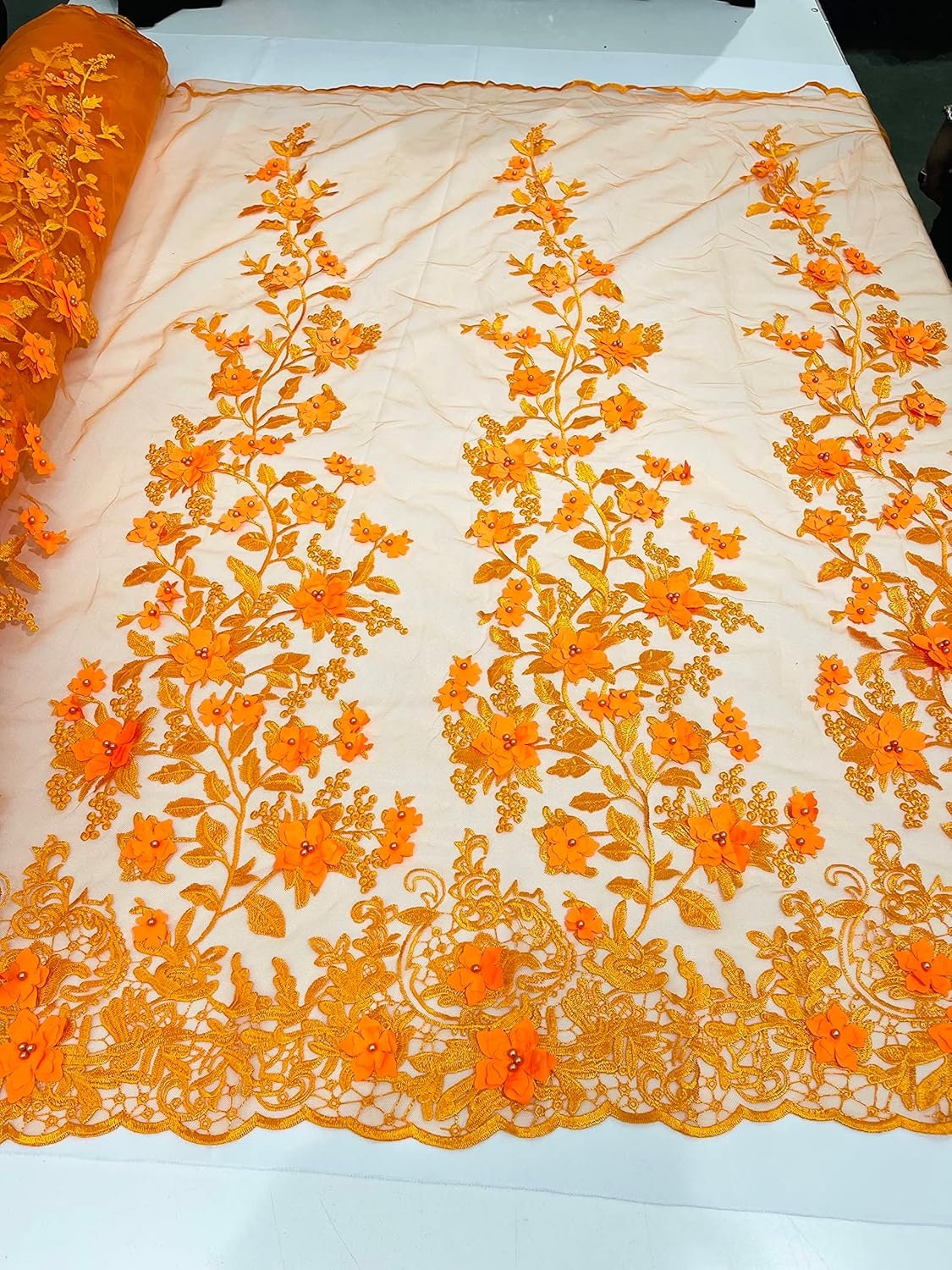 3D FLORAL - Design Embroider With Pearls Mesh Lace Fabric. Sold By The Yard.
