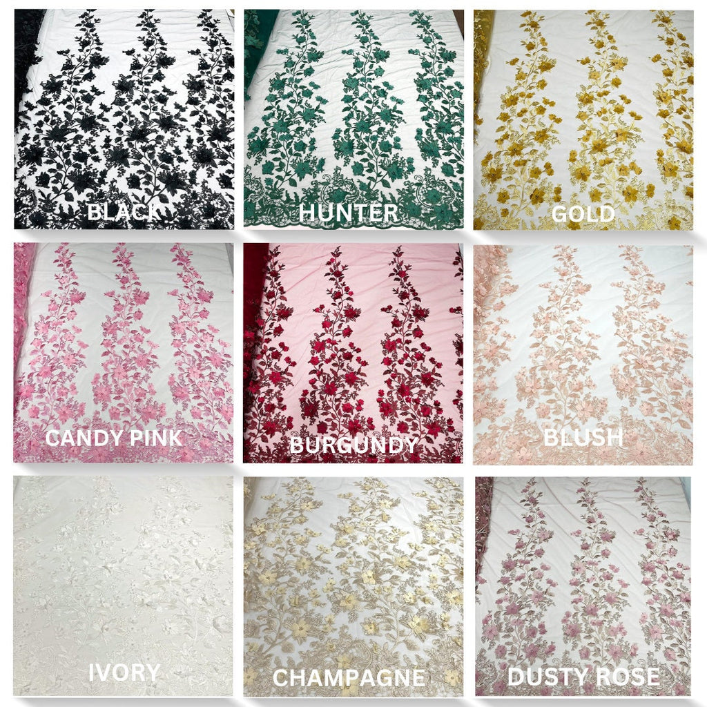 3D FLORAL - Design Embroider With Pearls Mesh Lace Fabric. Sold By The Yard.
