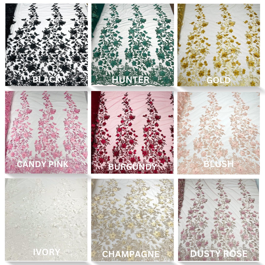3D FLORAL - Design Embroider With Pearls Mesh Lace Fabric. Sold By The Yard.