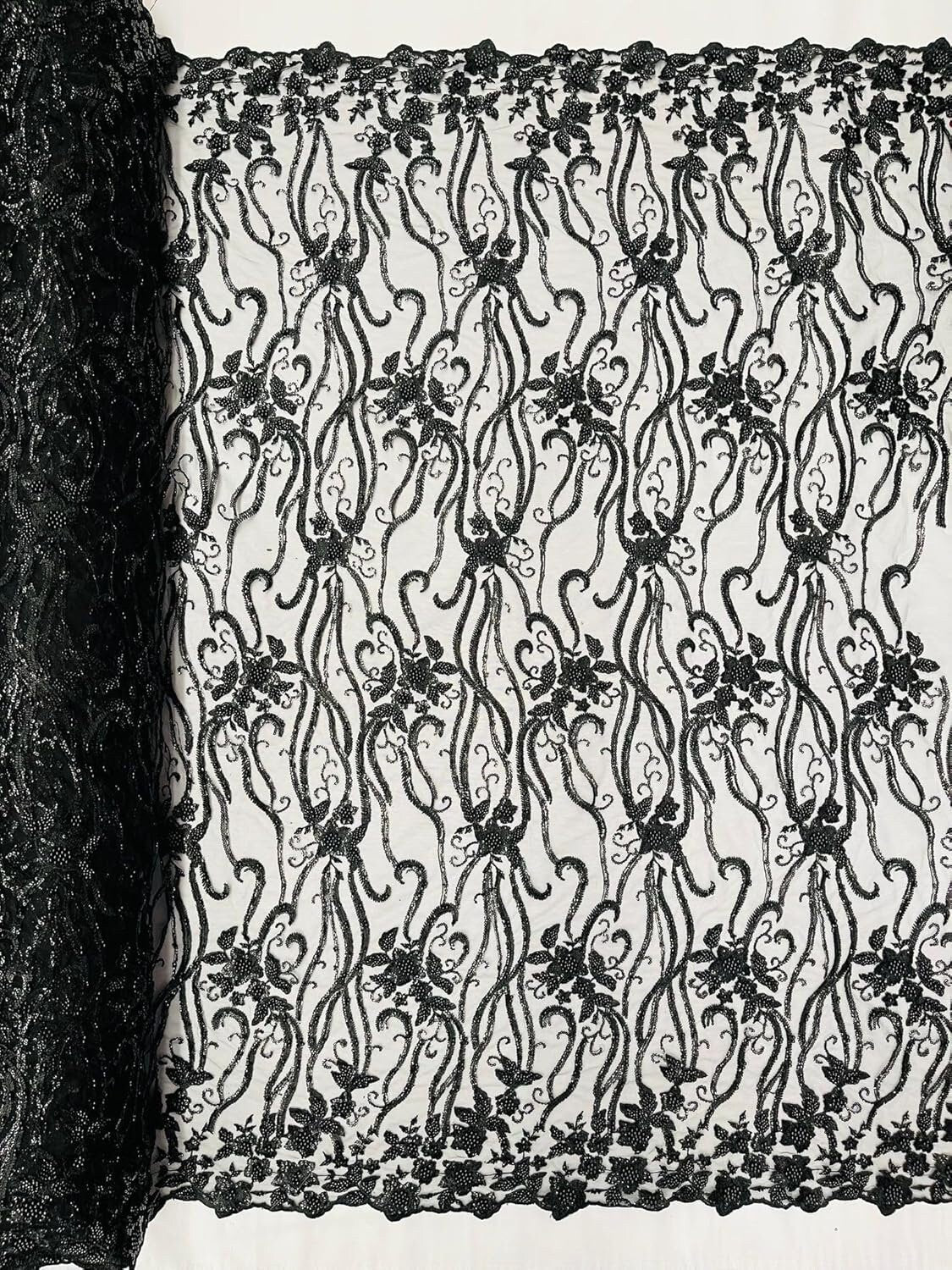 Floral Beaded Lace/Sequin Embroider Lace Fabric - Sold by The Yard. Choose Color Below
