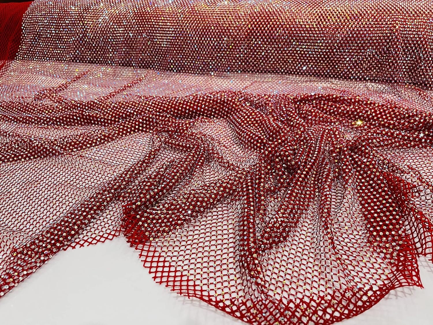 LUXURY - 45" Wide Iridescent Rhinestone On Soft Stretch Fish Net Fabric  - Sold by The Yard. Choose Color Below