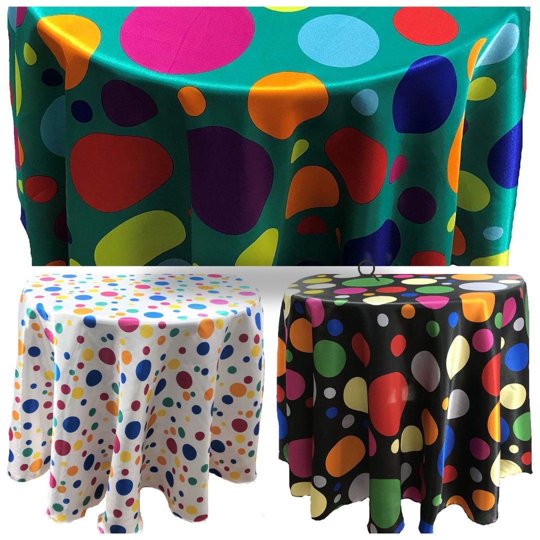 SOCAL PARTY DECOR -Round Birthday Tablecloth Multi Color Polka Dot Satin Table Cover Fabric Table Cloth for Dinning, Kitchen, Party, Holiday