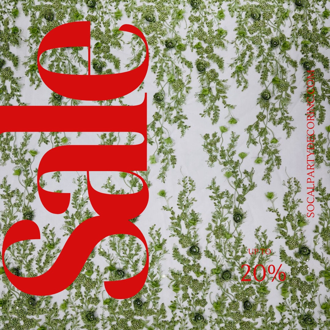 3D FLORAL - SAGE -  Design Embroider  Beaded With Rhinestones  Mesh Lace Fabric. Sold By The Yard.