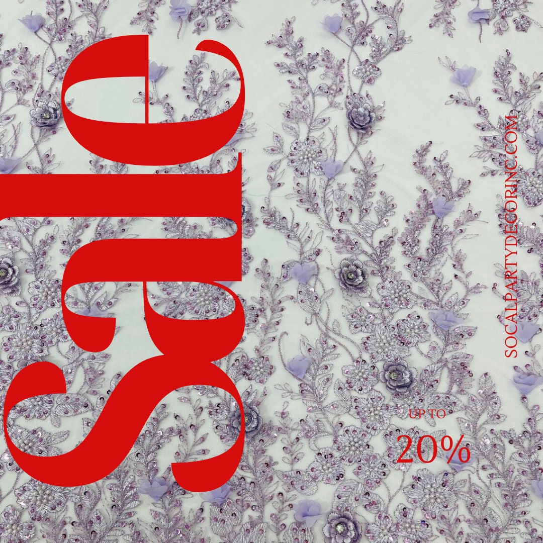 3D FLORAL - LILAC -  Design Embroider  Beaded With Rhinestones  Mesh Lace Fabric. Sold By The Yard.