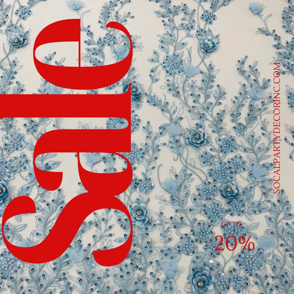 3D FLORAL - LT BLUE -  Design Embroider  Beaded With Rhinestones  Mesh Lace Fabric. Sold By The Yard.