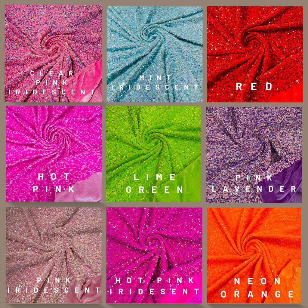 Iridescent Design Stretch Velvet All Over 5mm Shining Sequins 2 Way Stretch, Sold By The yard. Choose Color Below