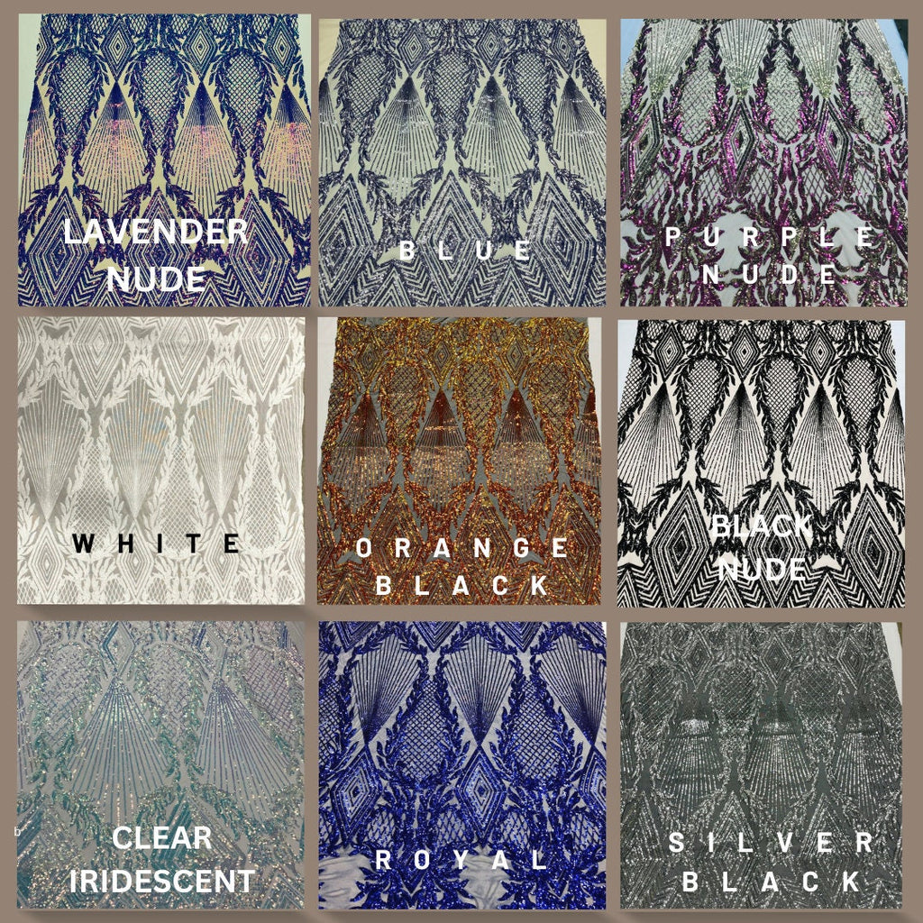 DIAMOND FASHION - Shiny Sequin Design 4 Way Stretch Mesh Fabric. Sold By The Yard. Choose Color Below