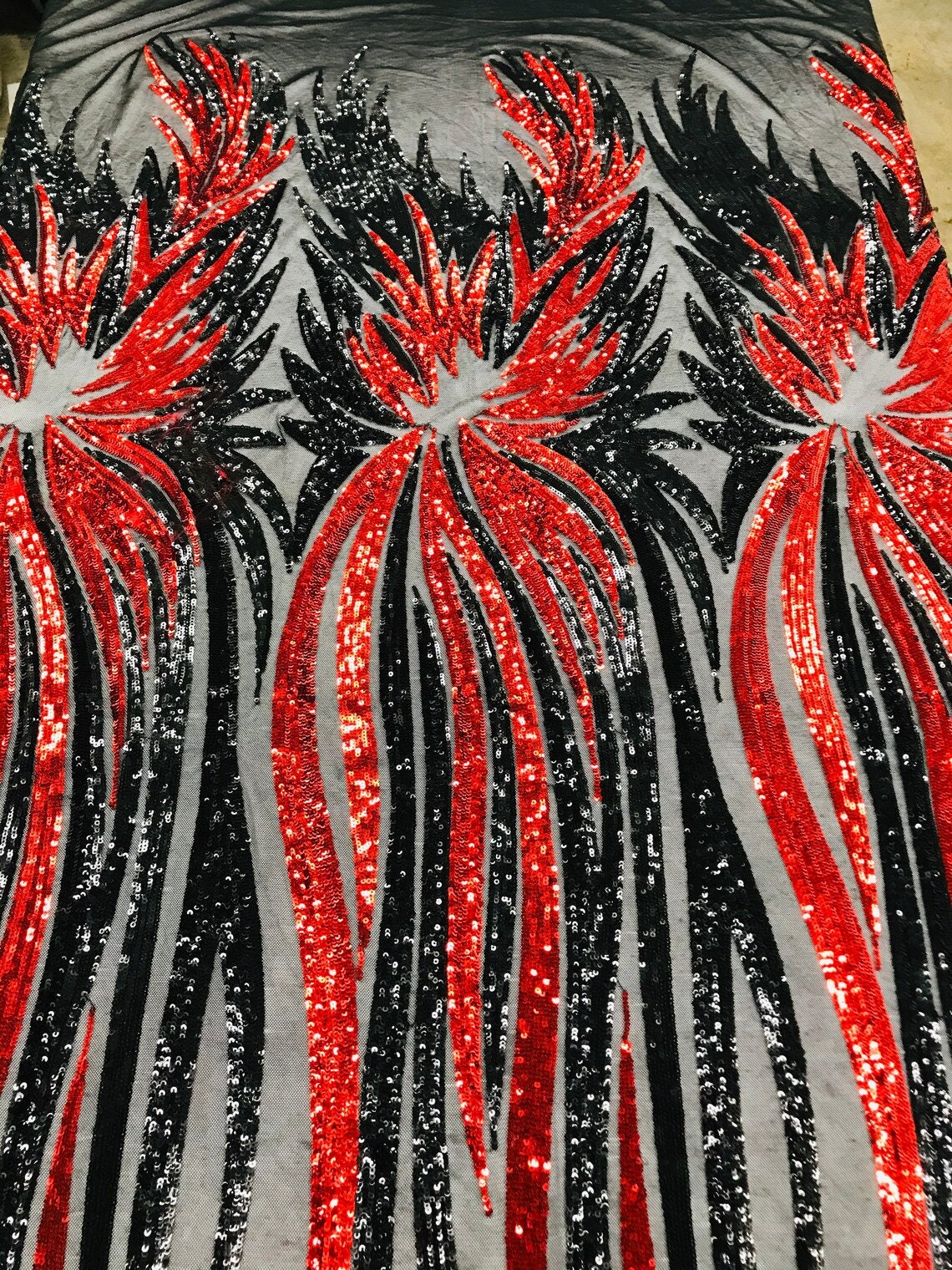 PEACOCK FEATHER FASHION - Shiny Sequin Design 4 Way Stretch Mesh Fabric. Sold By The Yard. Choose Color Below