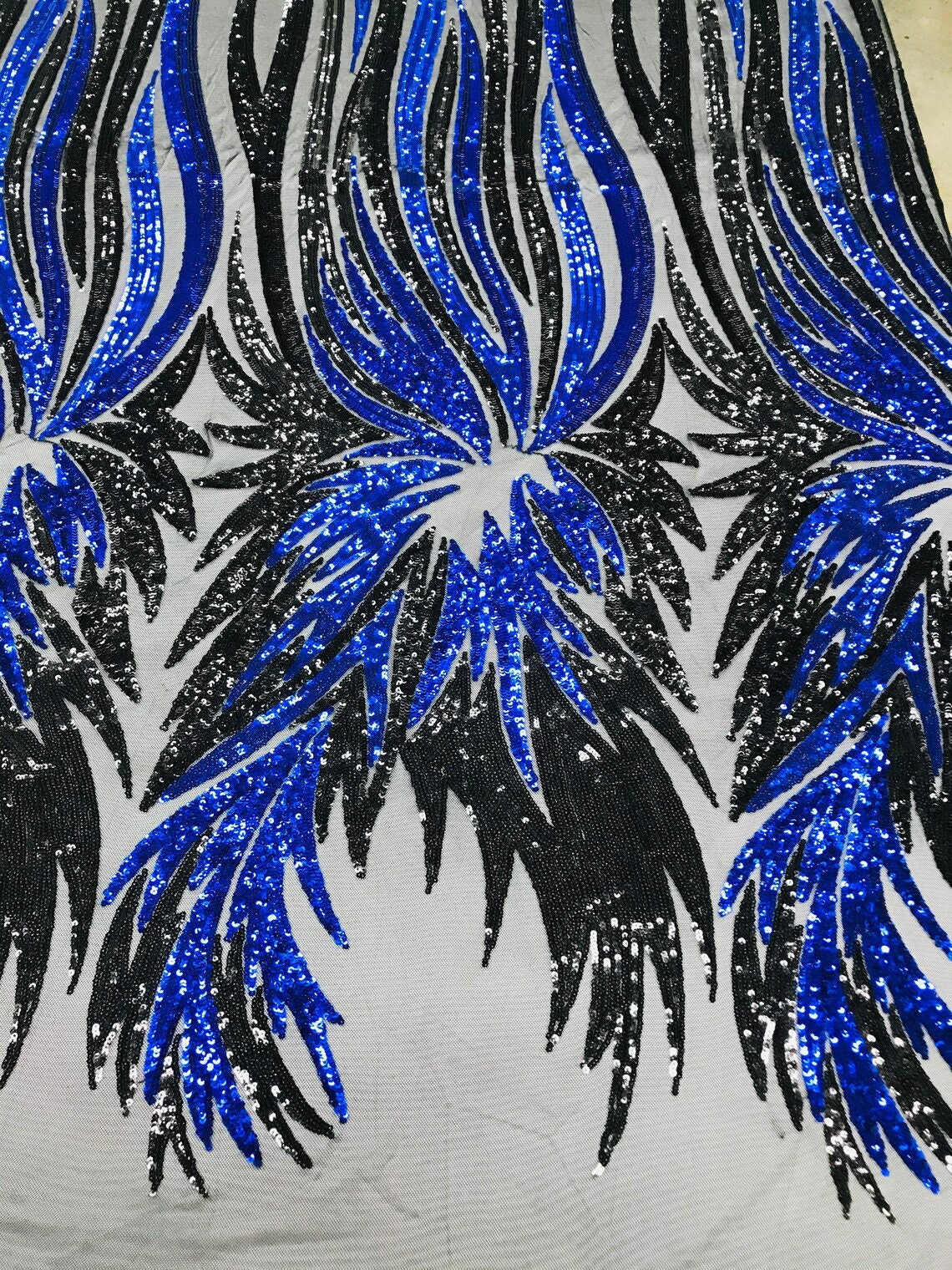 PEACOCK FEATHER FASHION - Shiny Sequin Design 4 Way Stretch Mesh Fabric. Sold By The Yard. Choose Color Below