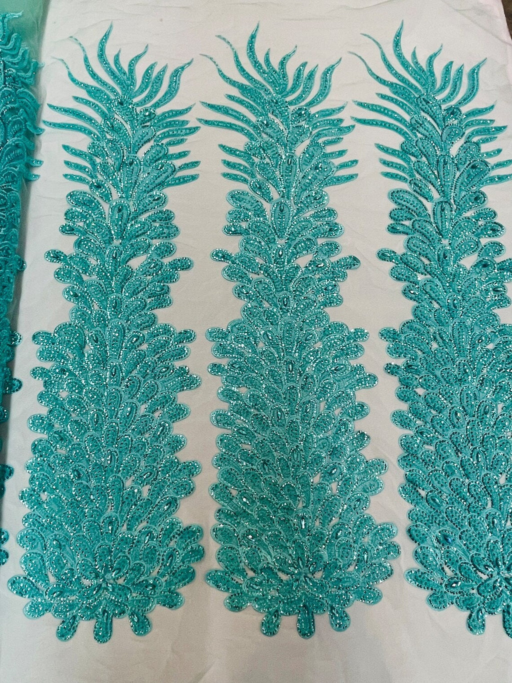 Peacock Feathers - 3D Beaded Design with Embroidered Sequins and Beads On a Mesh Lace Fabric for Prom Dress 1 Feather Panel