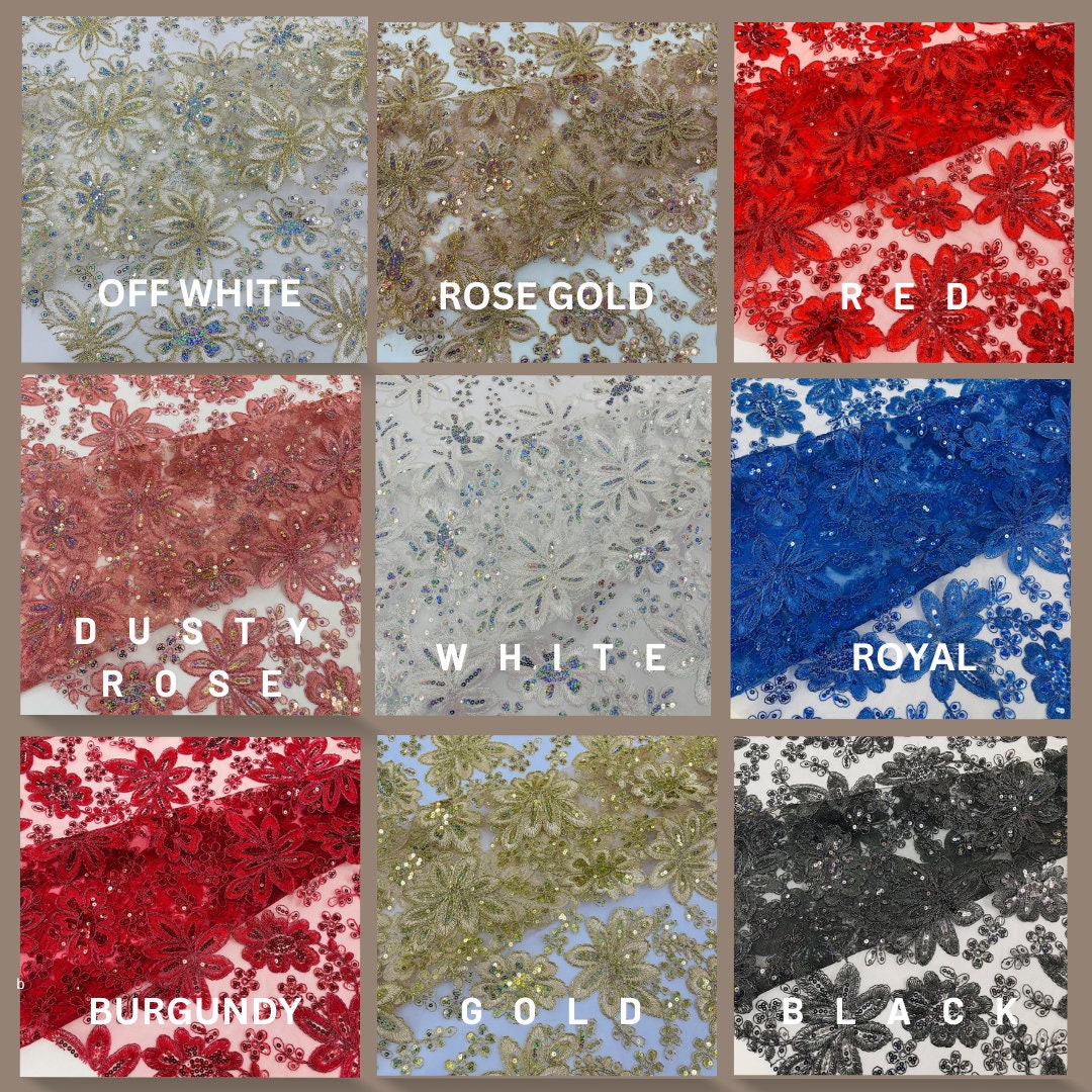 FASHION - Metallic Floral Design Embroidered With Holographic Sequins On A Mesh Fabric By The Yard. Choose Color Below