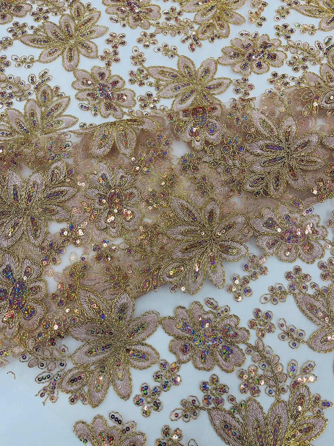 FASHION - Metallic Floral Design Embroidered With Holographic Sequins On A Mesh Fabric By The Yard. Choose Color Below