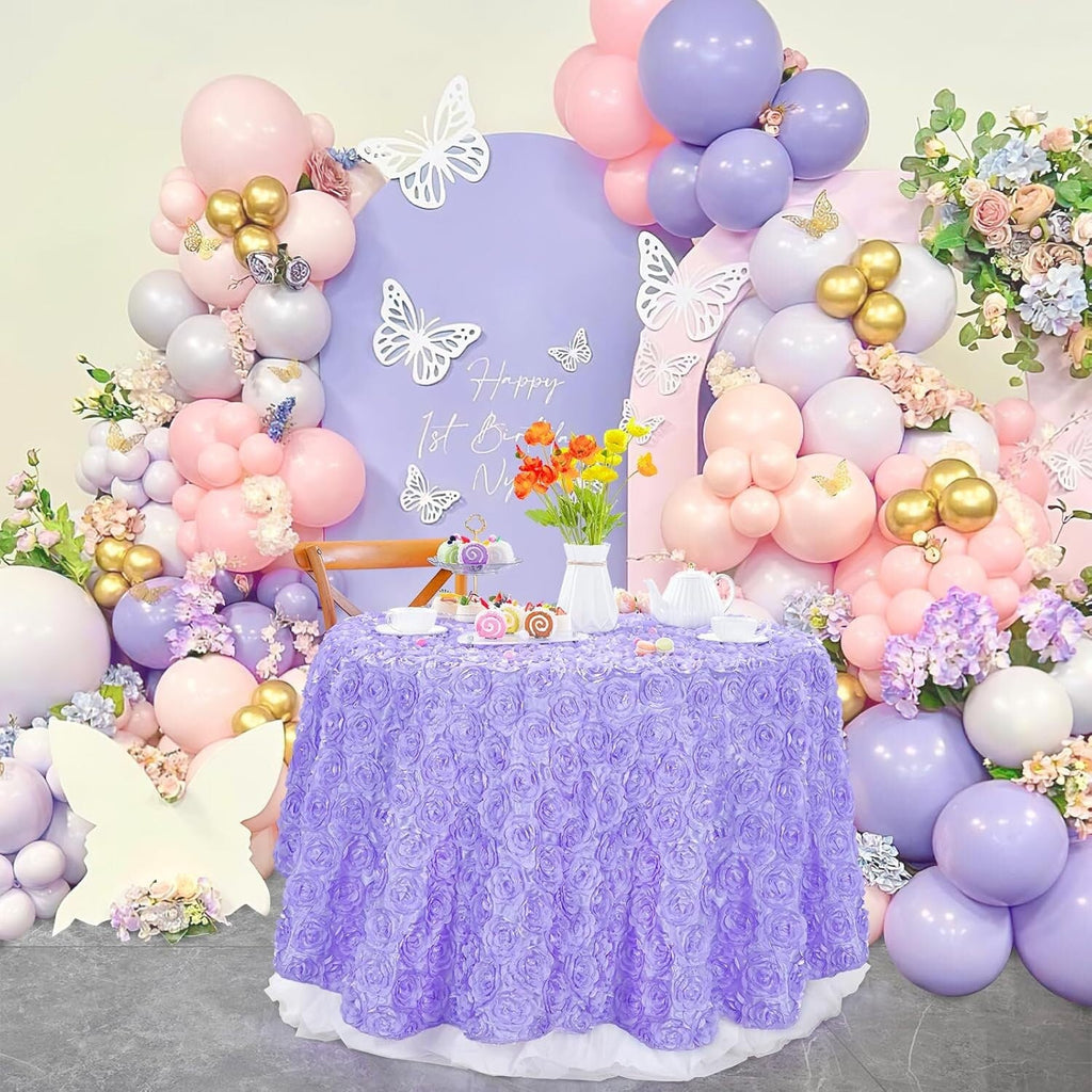 LAVENDER - Round Tablecloth Table Cloth Satin Rosette Tablecloth - 3D Floral Table Cloth for Wedding Baby Shower Birthday Tea Party Dessert