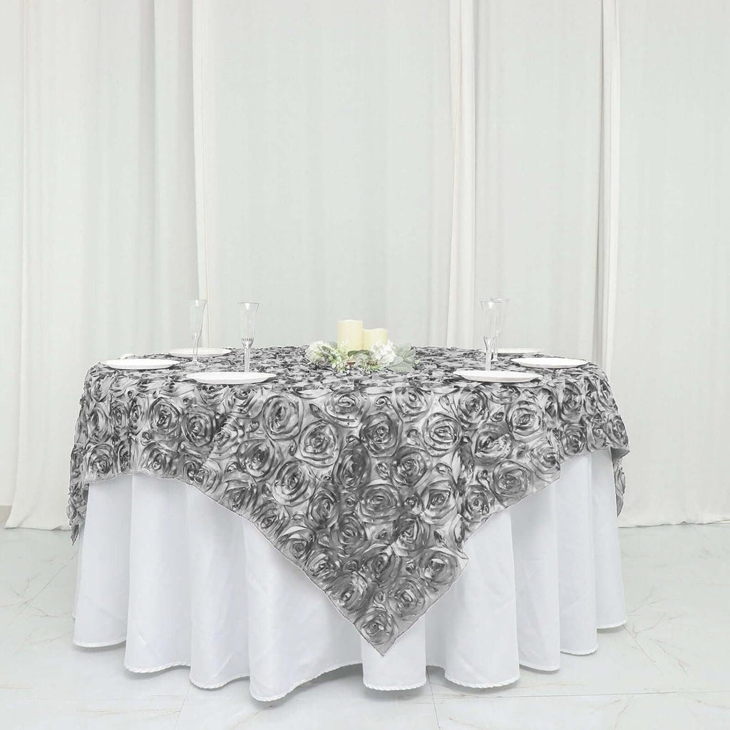 SILVER - 3D Rosette Square Tablecloth Overlay- Square Tablecloth Cover for Wedding Party Event Banquet. Choose Size Below